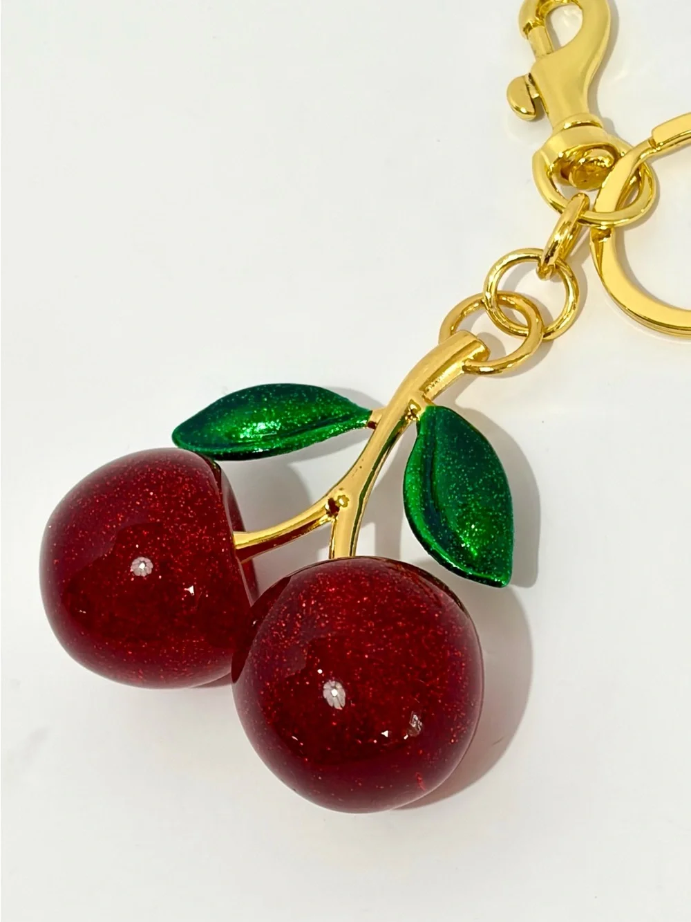 Gold-Tone Cherry Keyring/Bag Charm in Red & Green